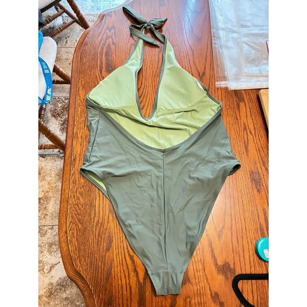 Aerie Green One Piece Low Back and V-Neck Halter High Cut & Cheeky XL